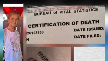 Collage featuring an elderly woman, a close-up of a death certificate, and a memorial tattoo reading "mom".