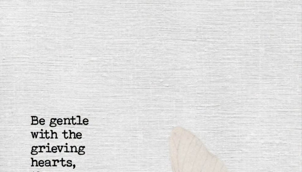 Typewriter text reading "Be gentle with the grieving hearts" on textured light fabric with a delicate butterfly wing.