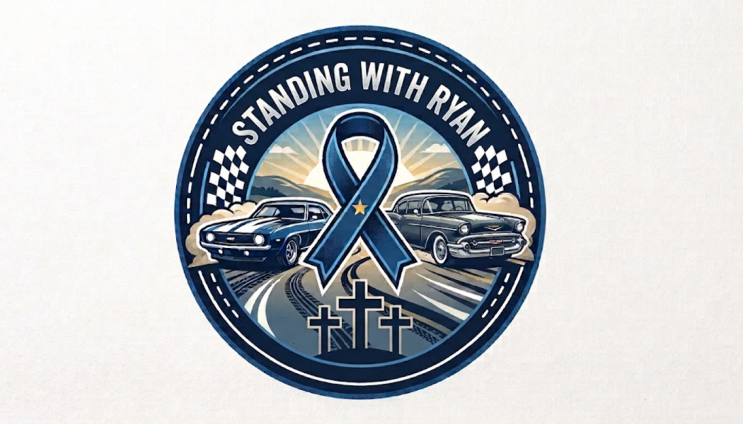 Circular emblem reading "Standing With Ryan" featuring a blue awareness ribbon, classic cars, and three crosses.