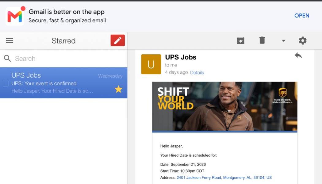 Email confirmation from UPS Jobs to Jasper with a scheduled hired date of September 21, 2026.