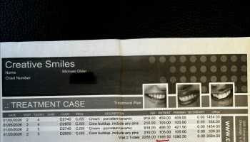 Dental treatment plan from Creative Smiles listing porcelain crown procedures with a patient total of $1,165.50.