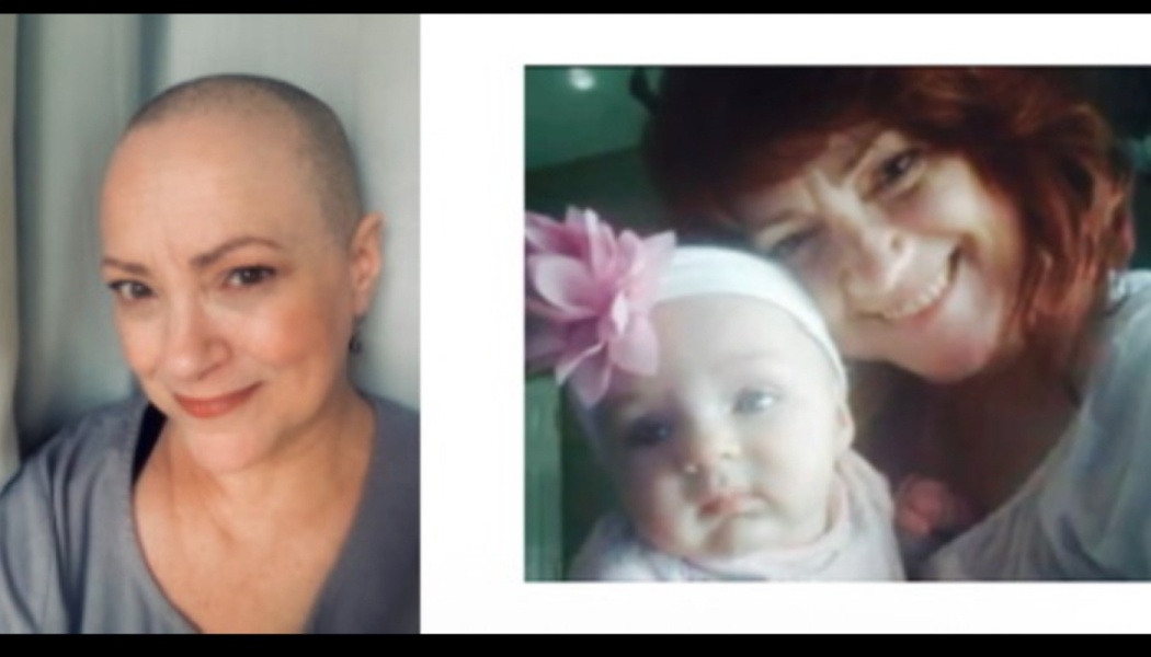 A smiling woman with a shaved head next to a photo of her with red hair holding a baby.