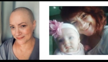 A smiling woman with a shaved head next to a photo of her with red hair holding a baby.