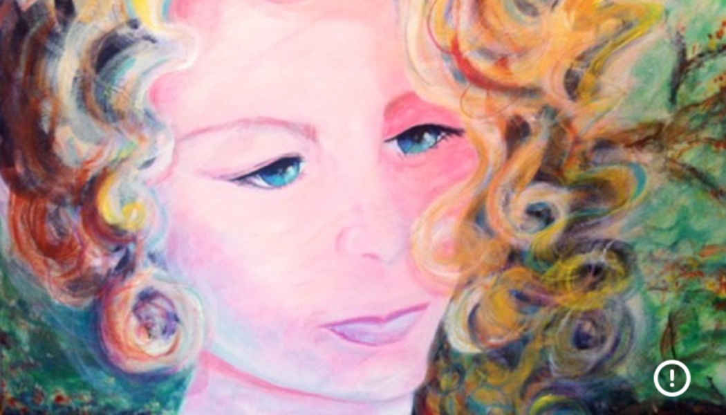Colorful painting portrait of a thoughtful woman with bright blue eyes and swirling curly blonde hair.