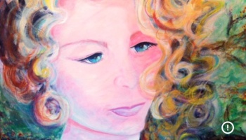 Colorful painting portrait of a thoughtful woman with bright blue eyes and swirling curly blonde hair.