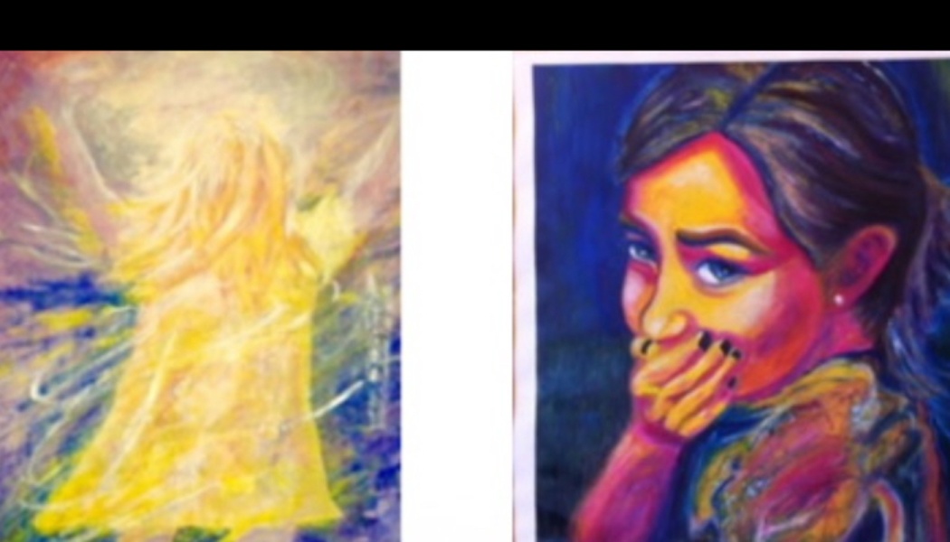 Two colorful paintings: an ethereal glowing figure on the left and a vibrant portrait of a smiling woman on the right.
