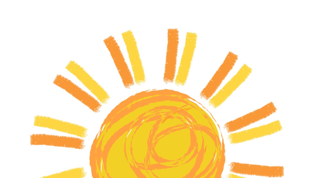 Stylized yellow and orange hand-drawn sun with textured brush-stroke rays against a white background.