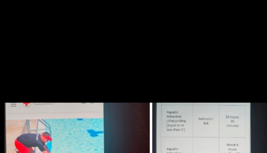 Screenshots of Red Cross Aquatic Attraction Lifeguarding course showing pool training and course duration details.