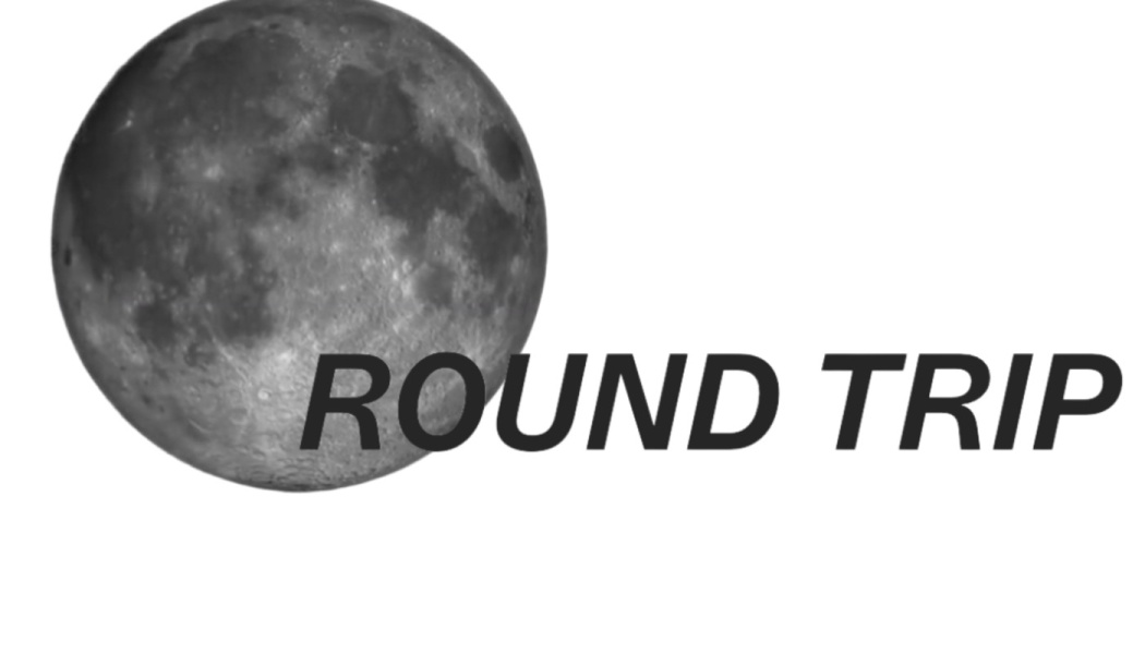Full moon with the text "ROUND TRIP" overlaid in bold dark font on a plain white background.