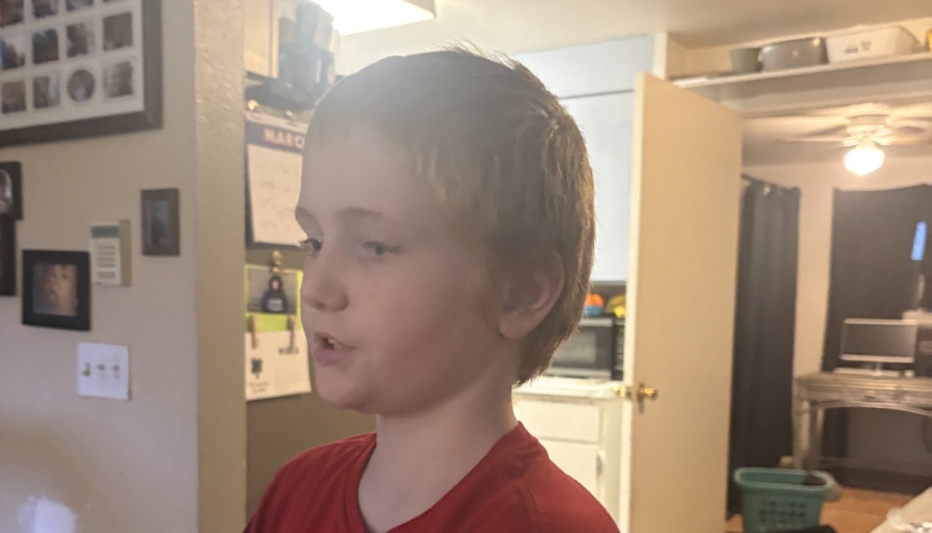 Young boy with short brown hair wearing a red shirt looking slightly to the side indoors.