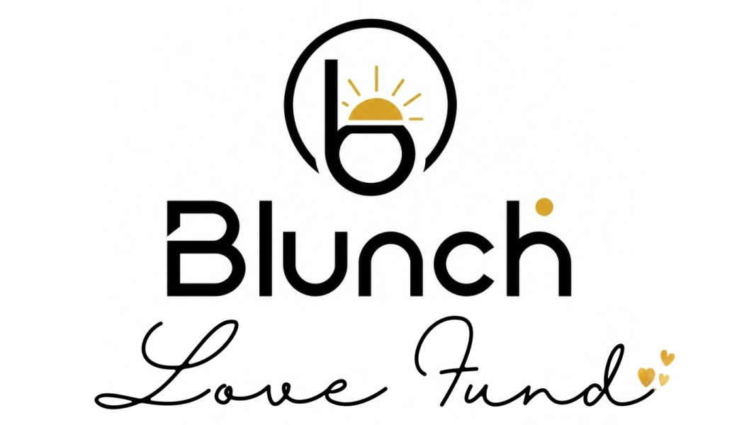 Blunch Love Fund logo featuring a stylized "b" with a gold rising sun icon and cursive script.