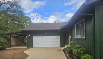Dark green house with a white garage door, attached carport, and potted plants along the concrete driveway.
