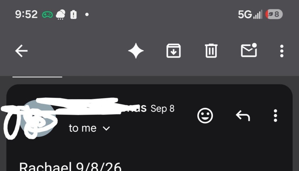 Dark mode email screenshot with redacted sender details and text reading Rachael 9/8/26.