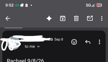 Dark mode email screenshot with redacted sender details and text reading Rachael 9/8/26.