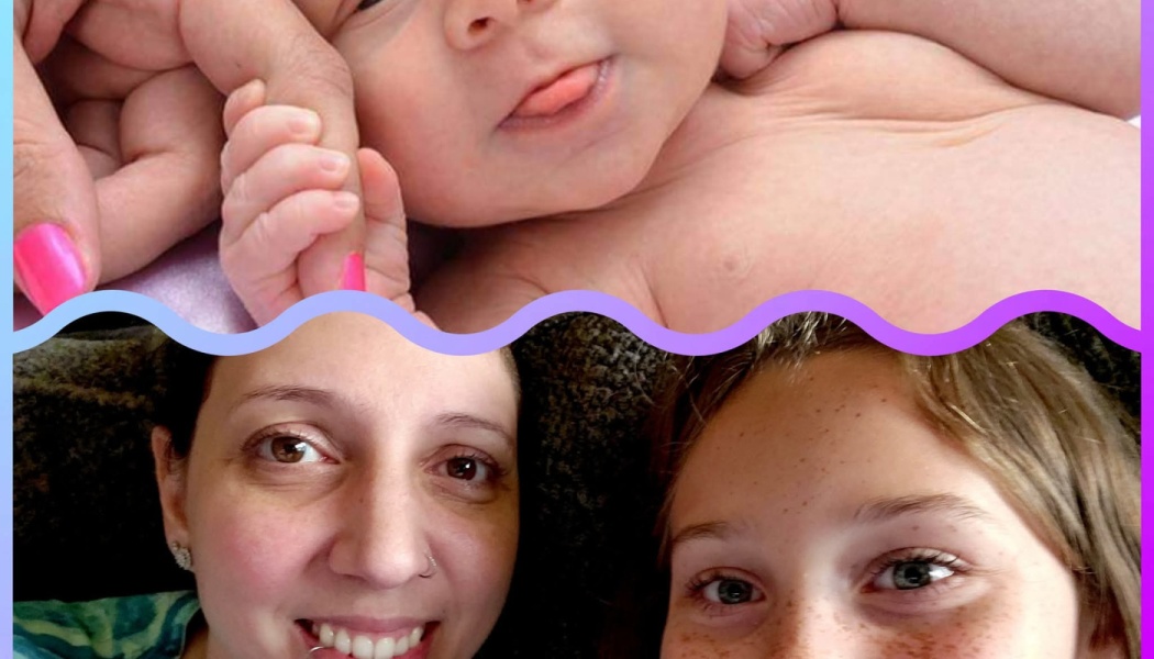 Two-panel collage of a newborn baby holding a finger above a smiling woman and freckled young girl.