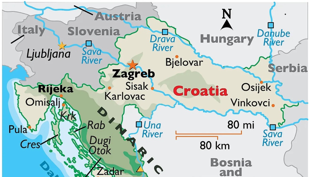 Map of Croatia showing major cities including Zagreb, main rivers, coastal islands, and neighboring countries.