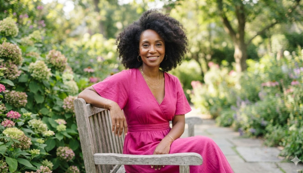 A smiling Black woman with an afro in a bright pink dress sits on a wooden bench in a lush garden.