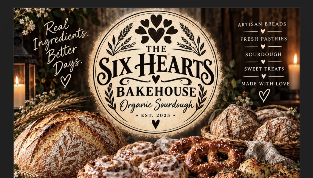 The Six Hearts Bakehouse logo surrounded by fresh sourdough bread, iced cinnamon rolls, pretzels, and pastries.