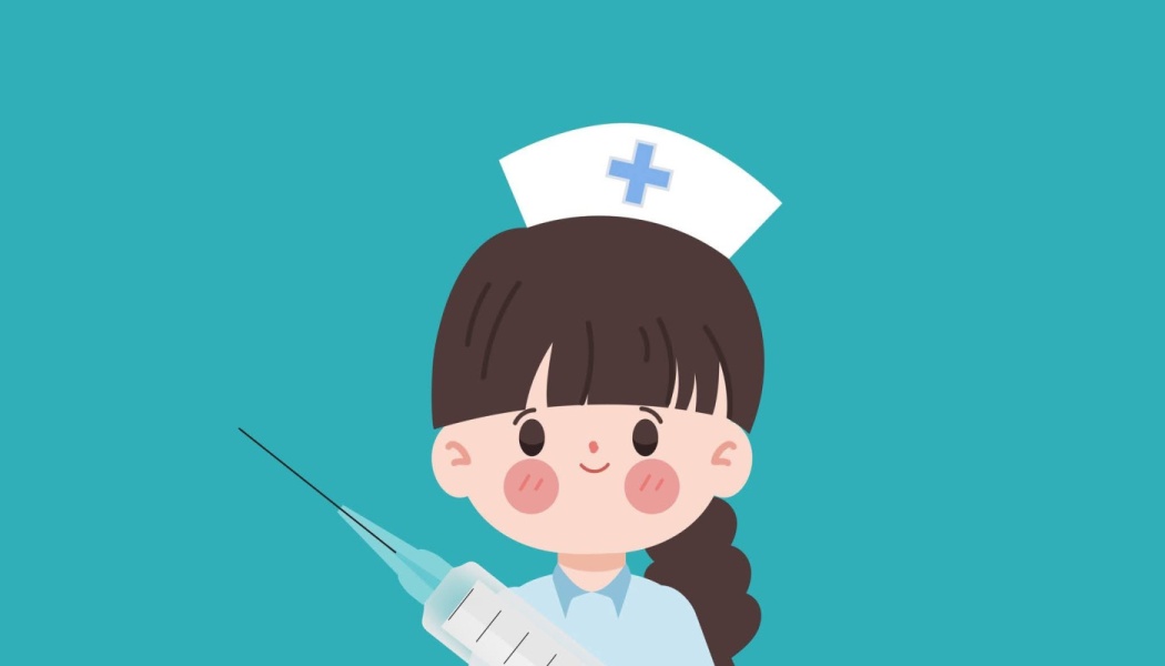 Cute cartoon of a smiling nurse wearing a traditional cap and holding a syringe against a teal background.