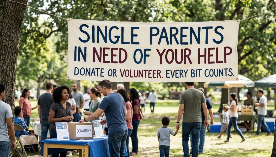 Banner reading "Single Parents In Need Of Your Help" above volunteers at an outdoor charity event.