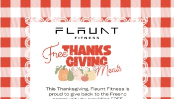 Flaunt Fitness flyer announcing free Thanksgiving meals for the Fresno community on a red gingham background.