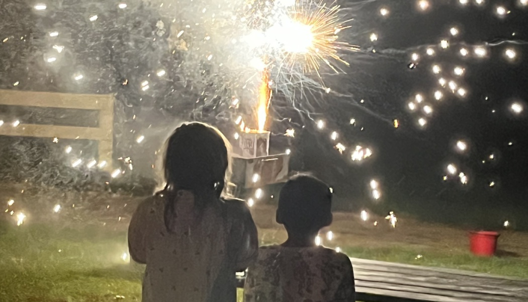 Silhouettes of two children watching a sparkling ground firework burst with bright sparks outdoors at night.
