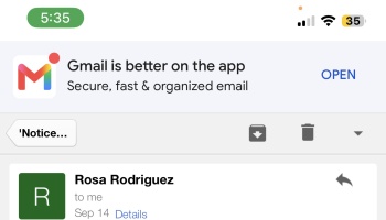 Mobile screen showing an email from Rosa Rodriguez below a banner reading "Gmail is better on the app."