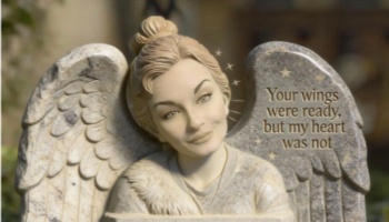 Stone angel headstone carved with a woman's face and wings reading "Your wings were ready, but my heart was not."