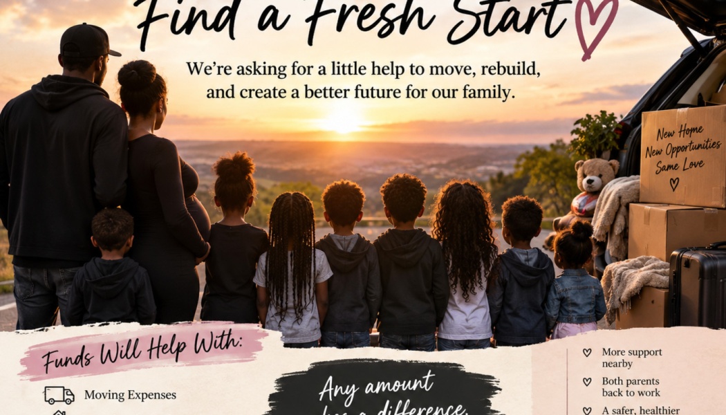 A family stands looking at a sunset beside a packed moving vehicle under the heading "Find a Fresh Start."