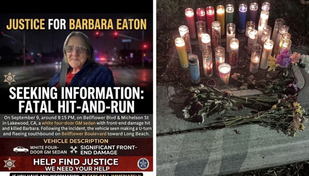 A flyer seeking info for Barbara Eaton's fatal hit-and-run next to a roadside memorial with candles and flowers.