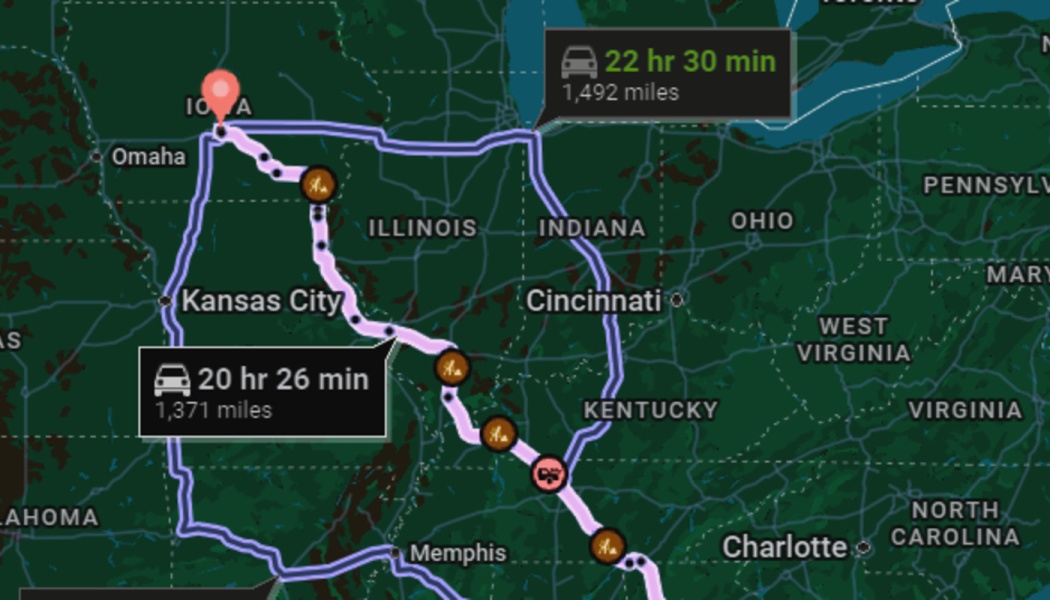 Map showing a 1,371-mile driving route across the US Midwest and South, taking 20 hours and 26 minutes.