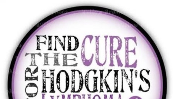 Circular purple graphic with text reading "FIND THE CURE FOR HODGKIN'S LYMPHOMA."