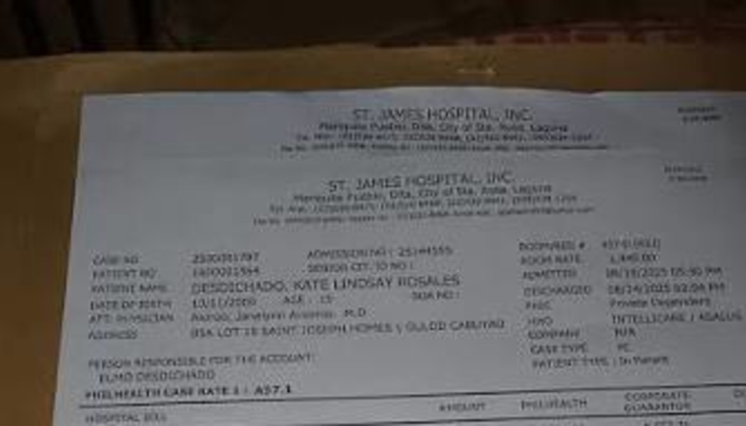 Hospital document from St. James Hospital, Inc. showing patient information for Kate Lindsay Rosales Desdichado.