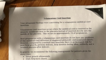 Medical document titled Velamentous Cord Insertion detailing ultrasound findings, risks, and management.