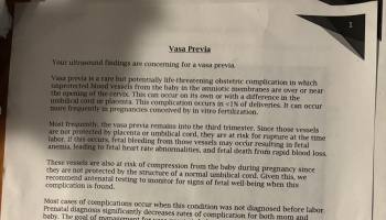 Medical diagnosis document titled Vasa Previa explaining the condition's risks during pregnancy.