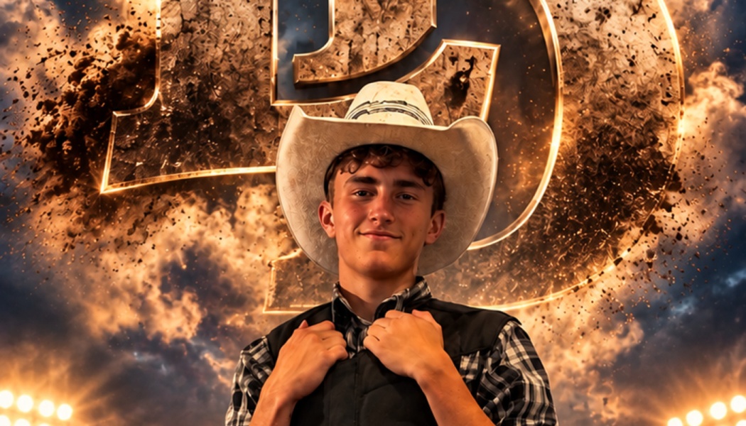 A smiling young cowboy wearing a white hat against a dramatic, explosive background with stadium lights.