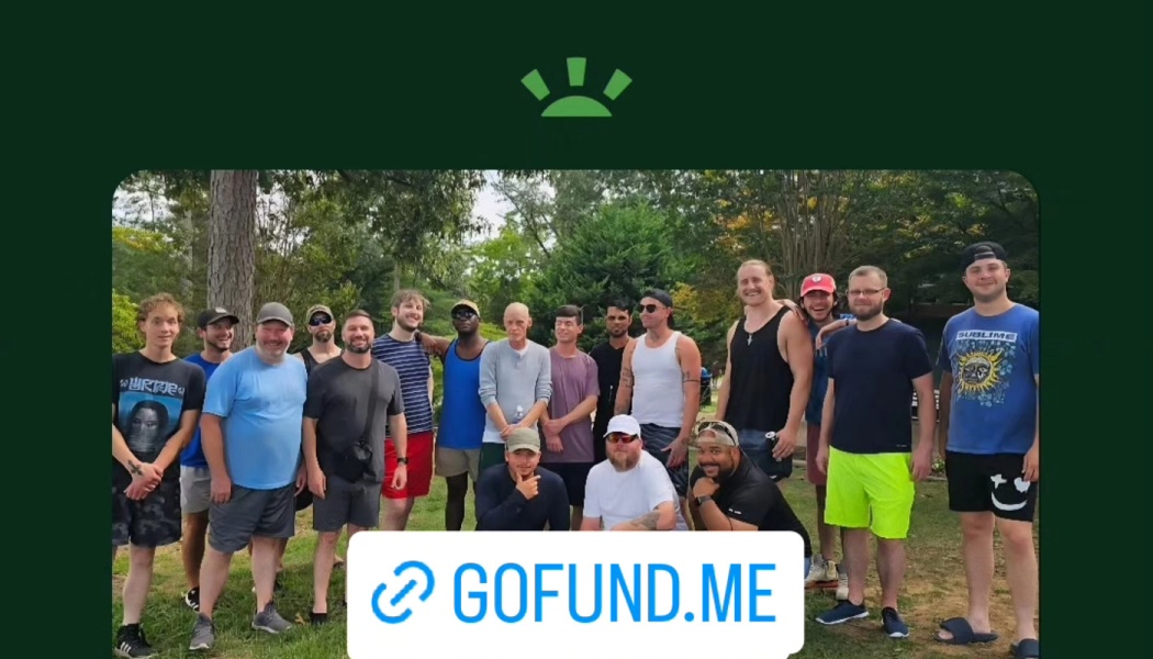 A group of men posing together outdoors in a park, with a GoFundMe logo overlay.