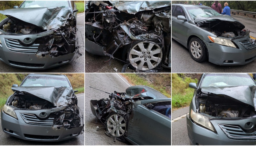 Six photos showing a grey sedan with severe front-end collision damage following a car accident.