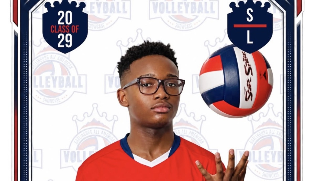Young male volleyball player with glasses tossing a red, white, and blue volleyball on a sports showcase graphic.