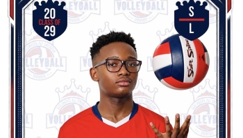 Young male volleyball player with glasses tossing a red, white, and blue volleyball on a sports showcase graphic.