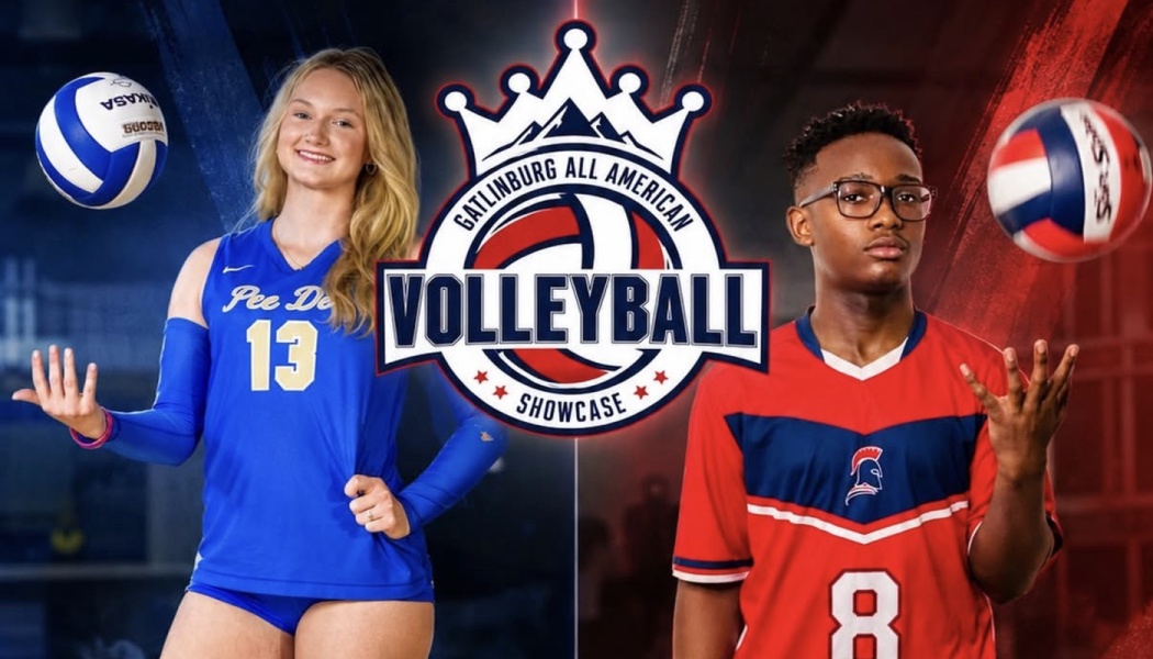 Two volleyball players flanking a logo for the Gatlinburg All American Volleyball Showcase.