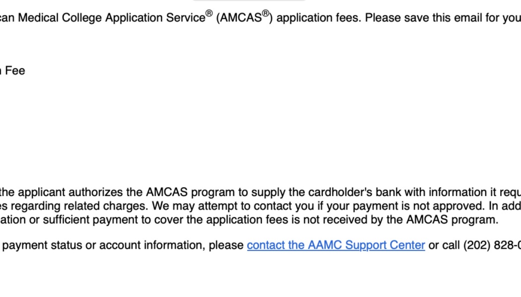 Text from an AMCAS application fee confirmation detailing payment authorization and support contact information.
