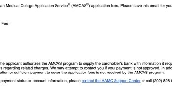 Text from an AMCAS application fee confirmation detailing payment authorization and support contact information.