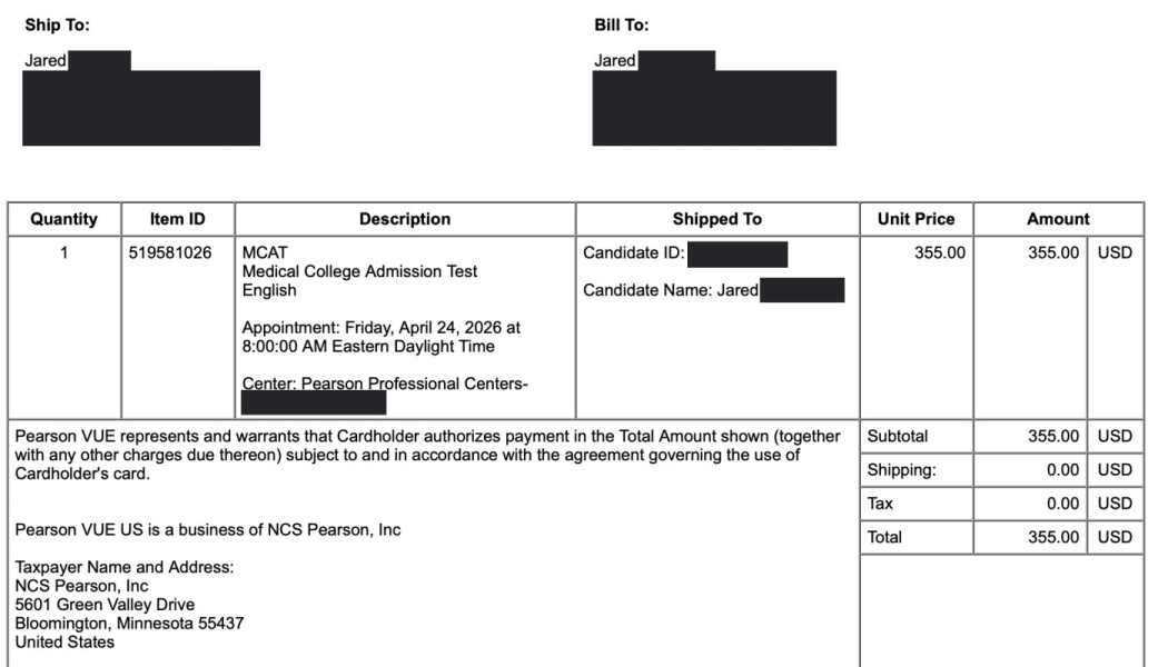 Pearson VUE registration receipt for an MCAT exam scheduled for April 24, 2026, totaling $355.00 USD.