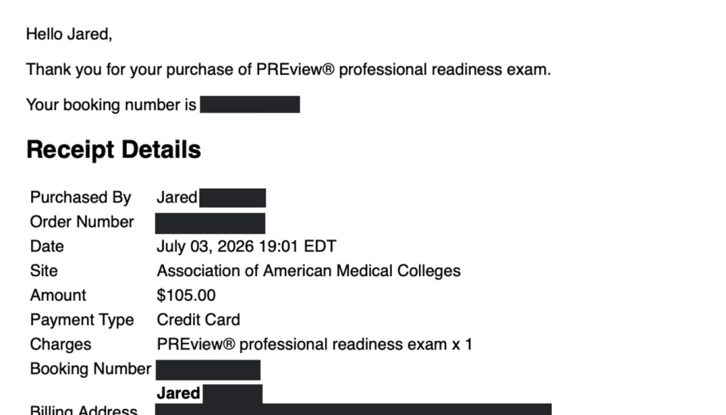 Receipt for a $105 PREview professional readiness exam from the Association of American Medical Colleges.