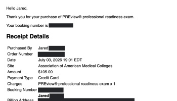 Receipt for a $105 PREview professional readiness exam from the Association of American Medical Colleges.