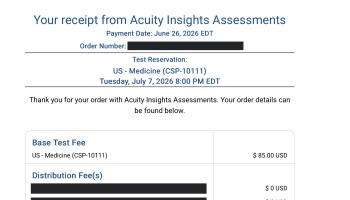 Receipt from Acuity Insights Assessments for a US Medicine test reservation showing an $85 USD base fee.