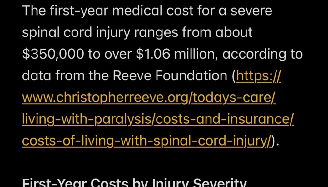 Text stating first-year medical costs for a severe spinal cord injury range from $350,000 to over $1.06 million.