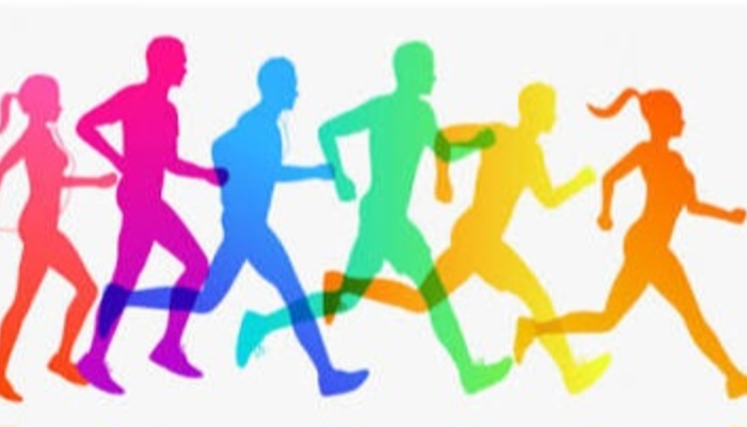 Vibrant, overlapping rainbow silhouettes of men and women running together.