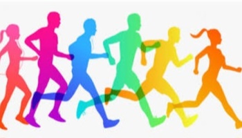 Vibrant, overlapping rainbow silhouettes of men and women running together.